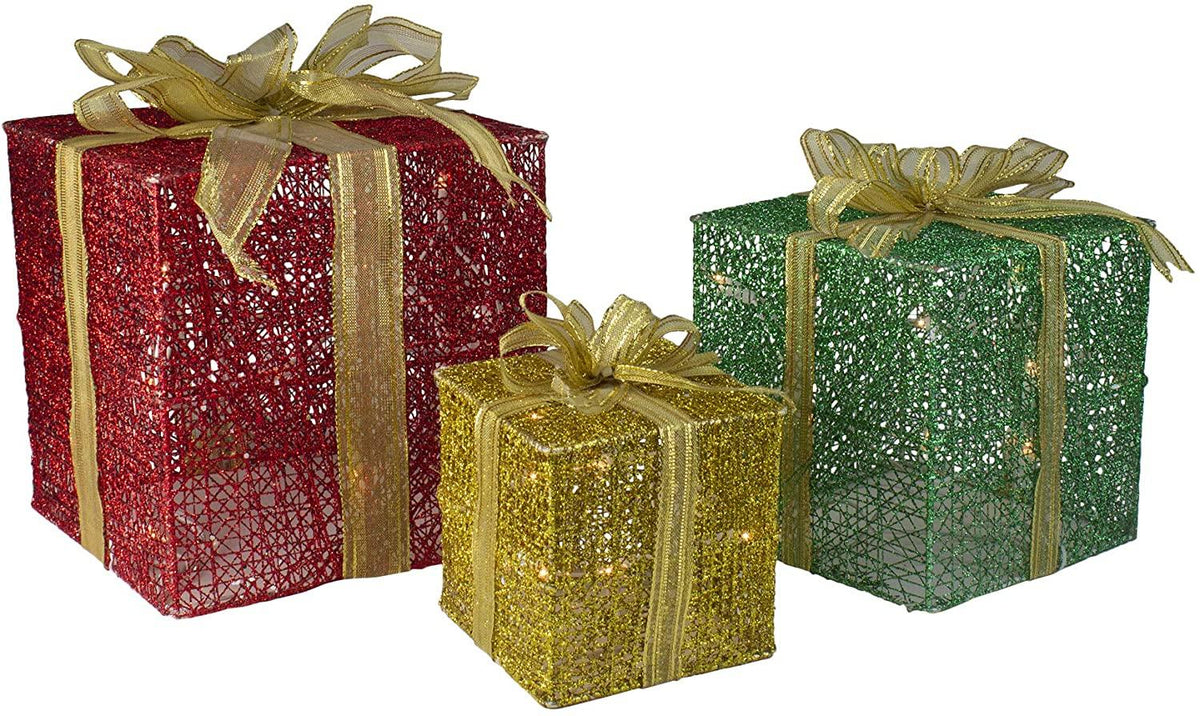 Set of 3 Glittering Gift Box Set Lighted Christmas Outdoor Decoration