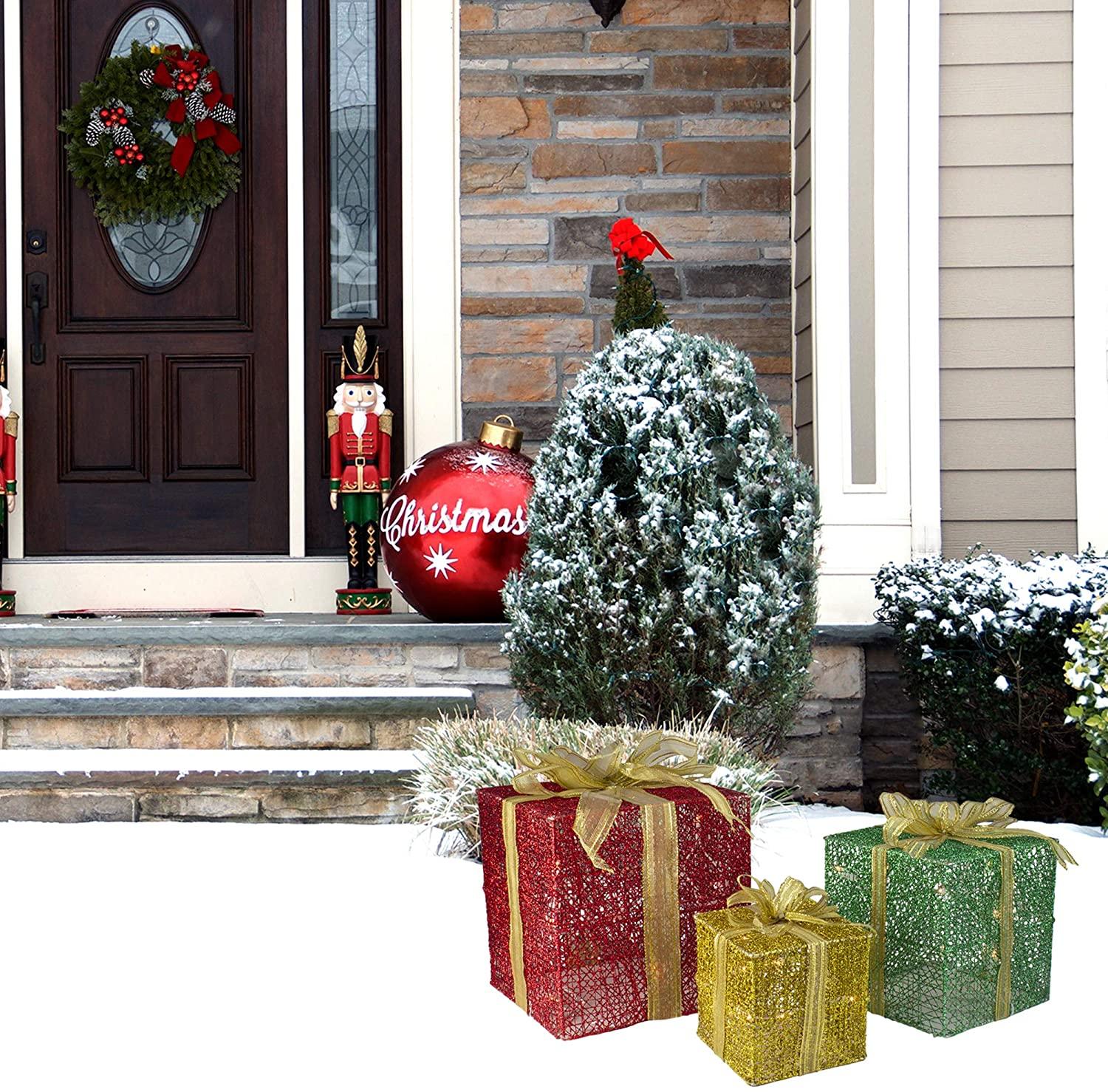 Set of 3 Glittering Gift Box Set Lighted Christmas Outdoor Decoration