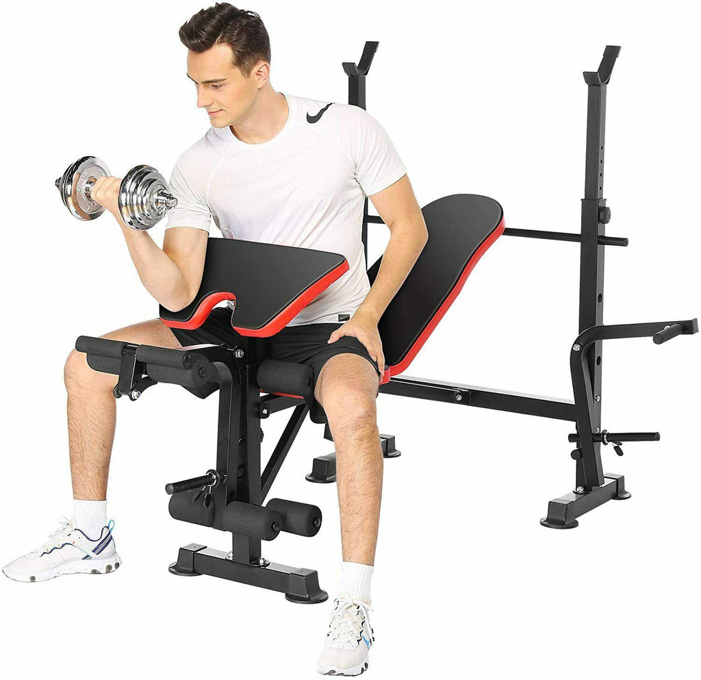 Foldable Adjustable Bench with Rack Leg Developer, Preacher Pad, Incline Decline Olympic Workout Bench Set