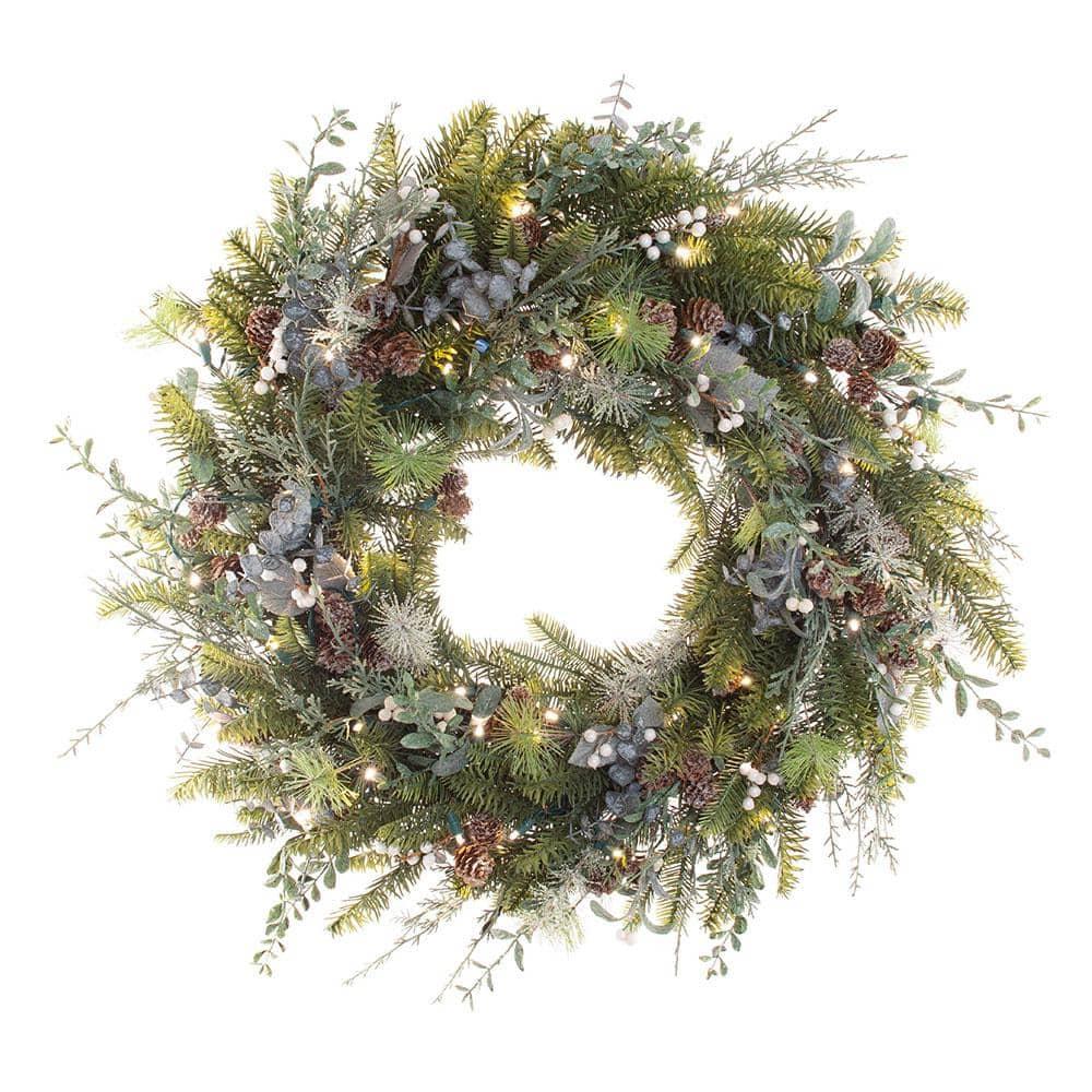 30 in. Artificial Pre-Lit LED Rustic White Berry Wreath