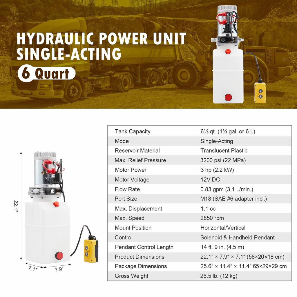 Single Acting 6qt 12V Hydraulic Pump for Truck Winches Plows RVs Tow Booms More