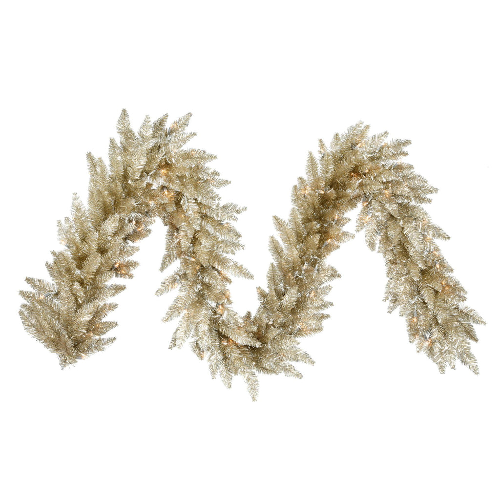 Vickerman 9' Champagne Artificial Christmas Garland, Clear Dura-lit Incandescent Mini Lights - Faux Fir Christmas Garland - Indoor Seasonal Home Decor