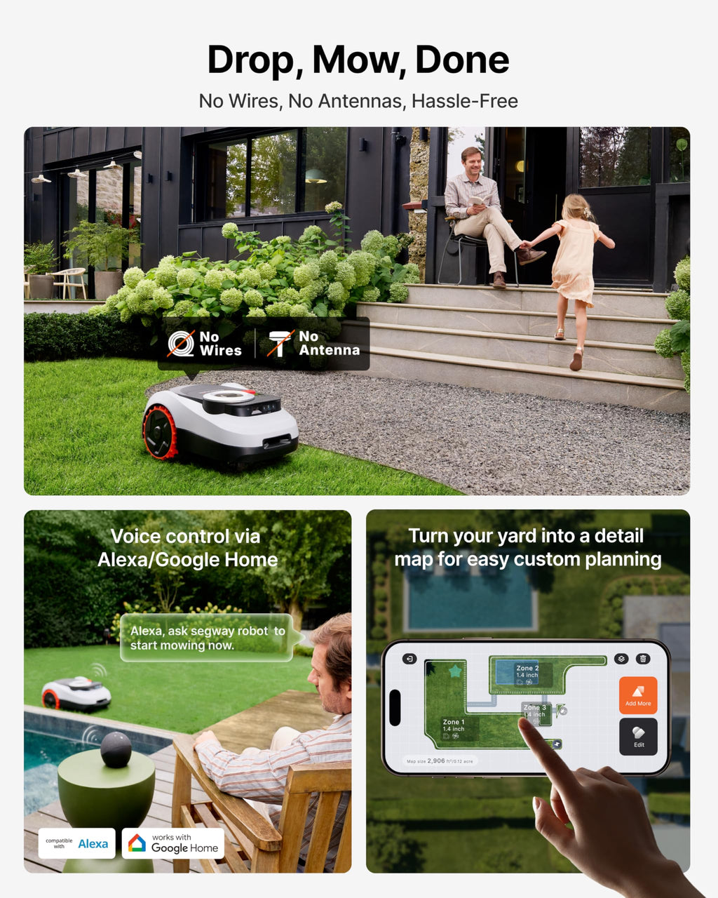 Segway  i215 LiDAR Robot Lawn Mower, Wire Robotic Lawn Mower for 0.37 Acre, LiDAR &amp; Vision Dual Fusion, Auto Mapping, Off-Road Wheels for 45% Slopes, Quiet 59 dB(A) Mowing