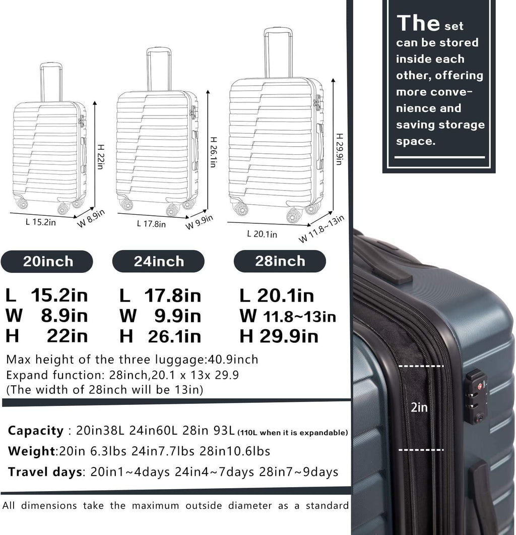 Luggage Expandable Suitcase PC ABS TSA Luggage 3 Piece Set Lock Spinner Carry on (Teal blue, 3 piece set)