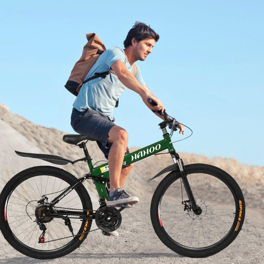 WJHWSX 26IN Folding Mountain Bike 21 Speed Full Suspension for Man Women Green