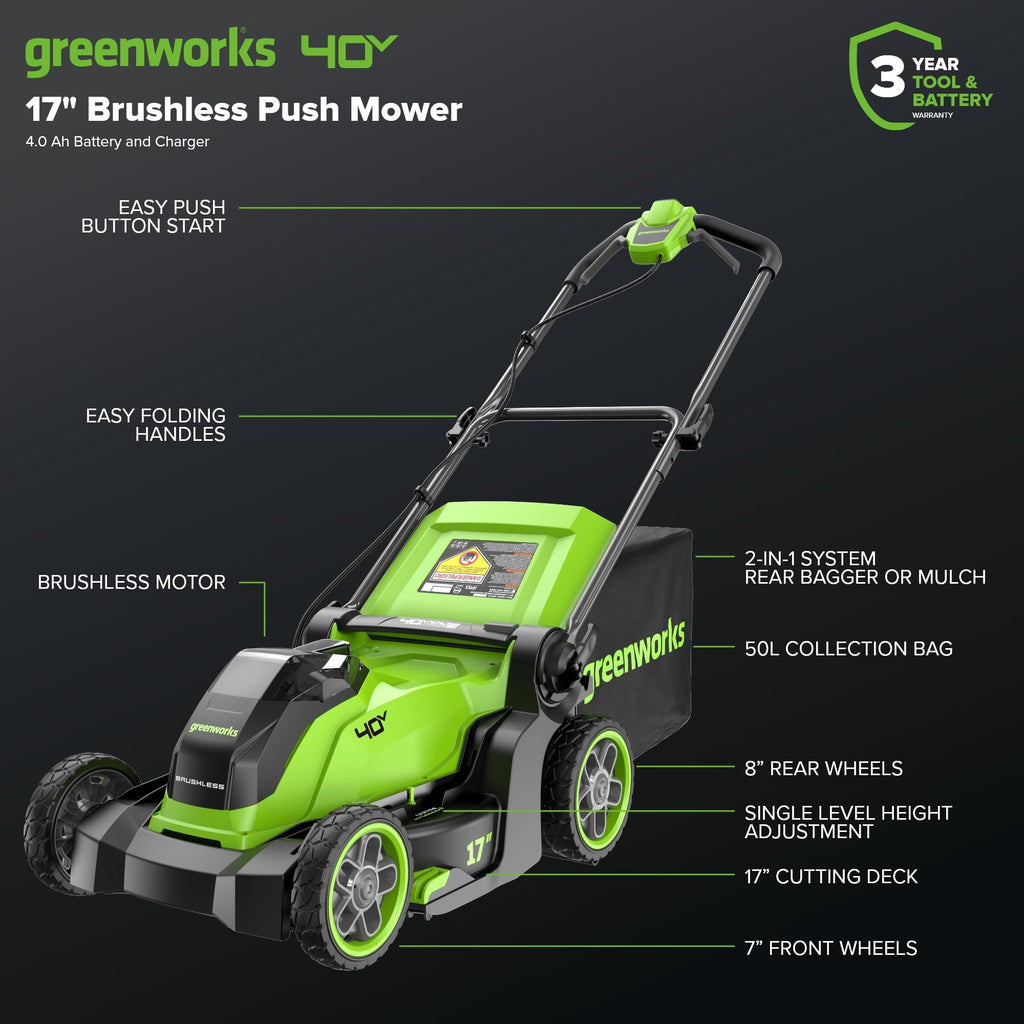 40V 17" Cordless Lawn Mower – Brushless Motor, 4.0Ah Battery &amp; Charger (75+ Compatible Tools), 2-in-1 Mulch/Bag