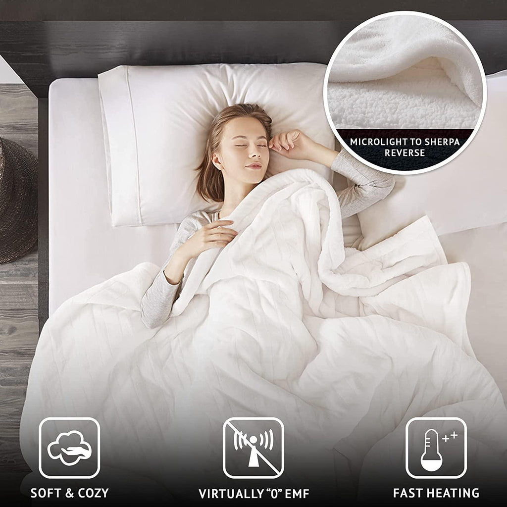 Heated Microlight to Berber Elect Electric Blanket with Two 20 Heat Level Setting Controllers, King: 90x100, Ivory,BR54-0653