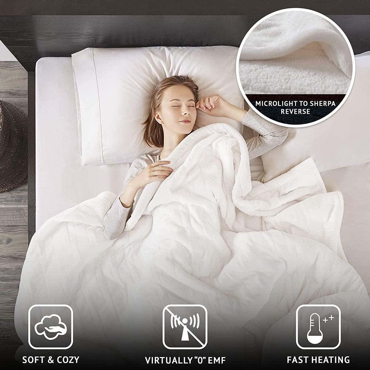 Heated Microlight to Berber Elect Electric Blanket with Two 20 Heat Level Setting Controllers, King: 90x100, Ivory,BR54-0653