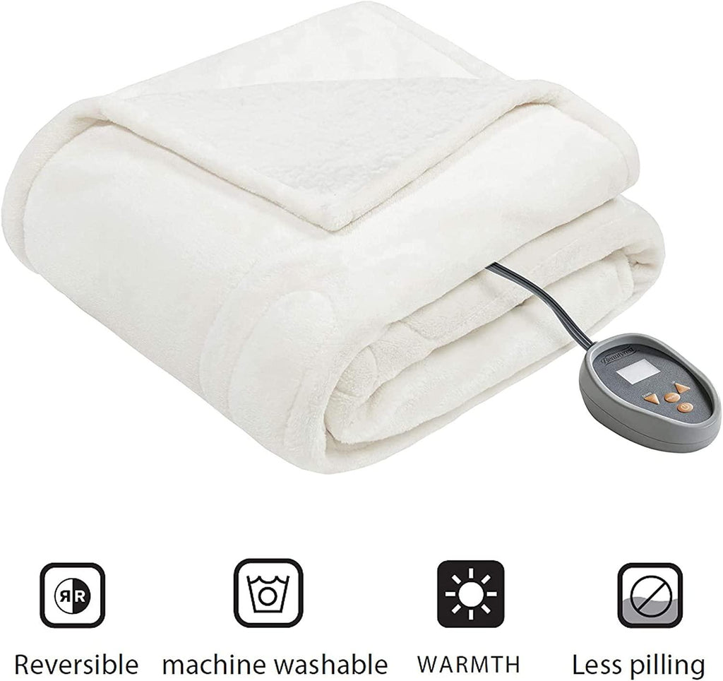 Heated Microlight to Berber Elect Electric Blanket with Two 20 Heat Level Setting Controllers, King: 90x100, Ivory,BR54-0653