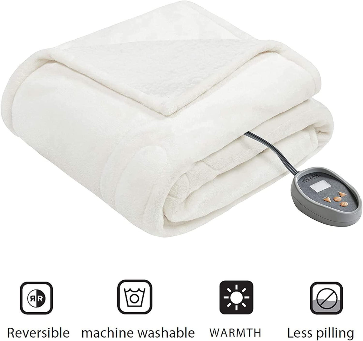 Heated Microlight to Berber Elect Electric Blanket with Two 20 Heat Level Setting Controllers, King: 90x100, Ivory,BR54-0653