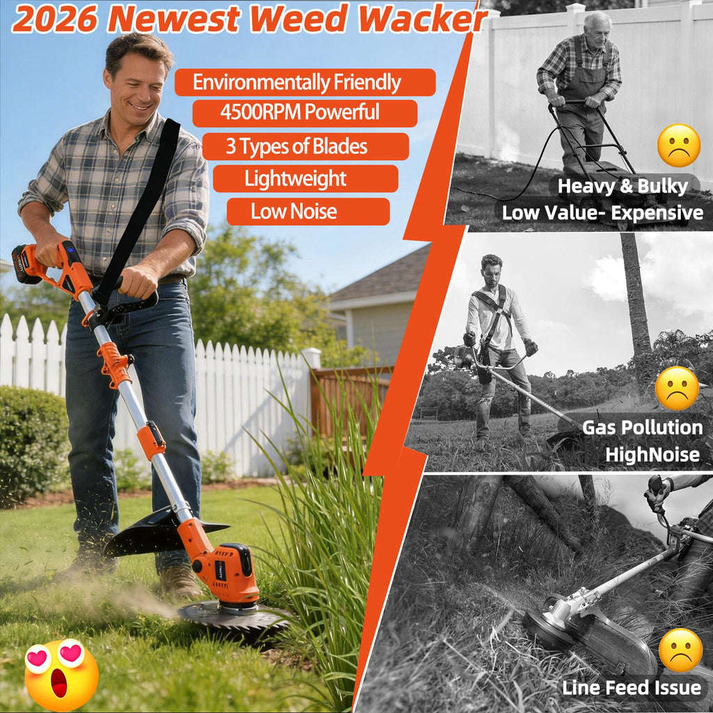 3-in-1 Electric Weed Wacker, Battery Powered Weed Eater with 2 x 4.0Ah Batteries, 900W Brushless Motor Grass Trimmer/Lawn Mower/Brush Cutter, with LCD Display &amp; 3 Types Blades for Yard and Garden