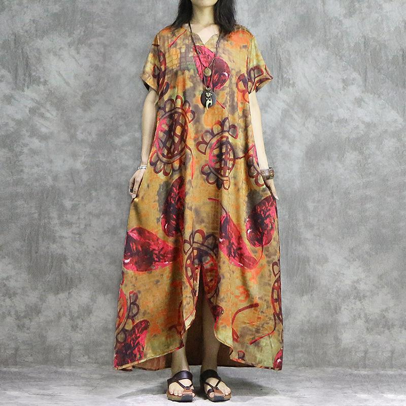 Women Print V-Neck Loose Spliced Floral Irregular Maxi Short Sleeve Dress