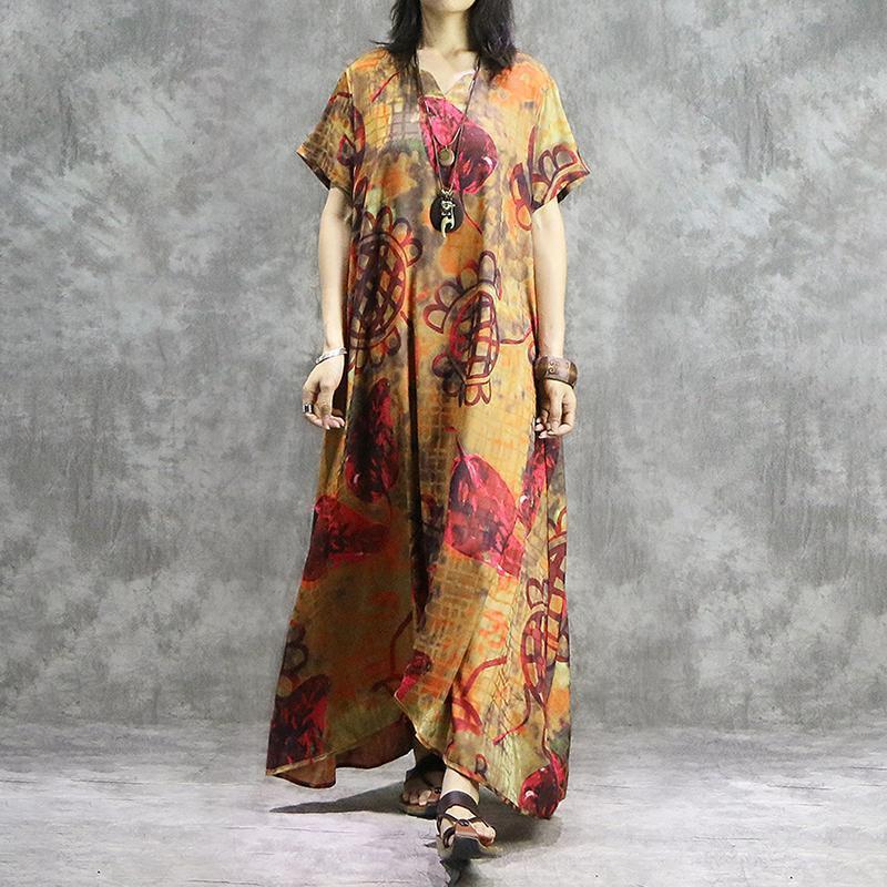 Women Print V-Neck Loose Spliced Floral Irregular Maxi Short Sleeve Dress