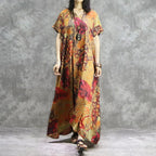 Women Print V-Neck Loose Spliced Floral Irregular Maxi Short Sleeve Dress