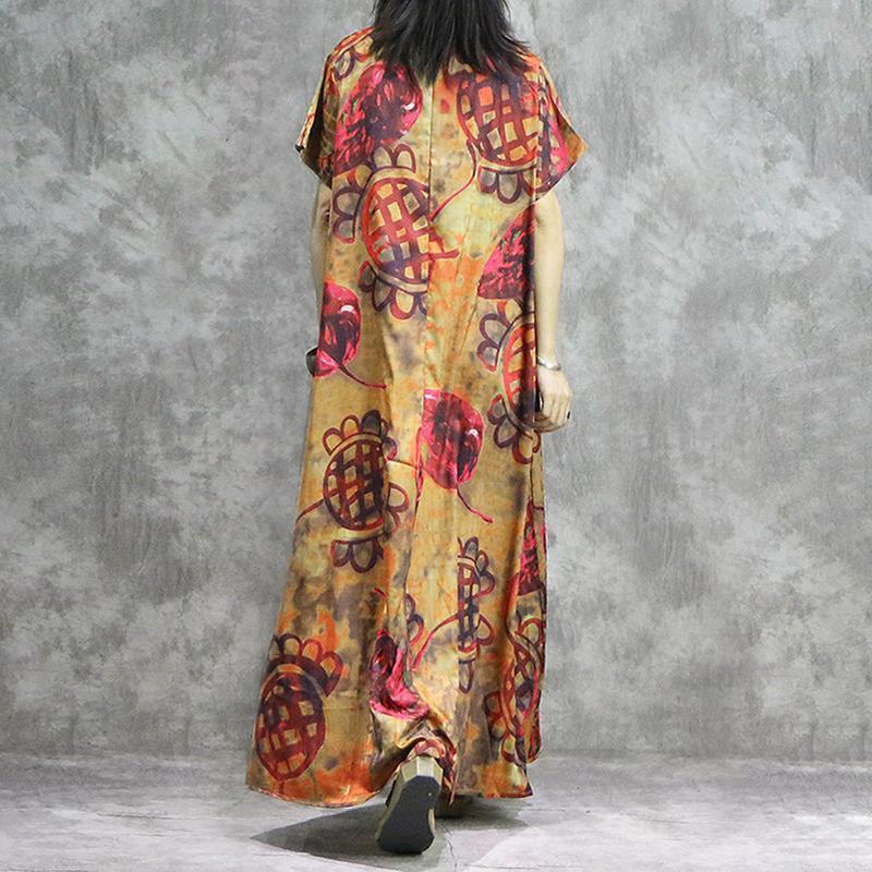 Women Print V-Neck Loose Spliced Floral Irregular Maxi Short Sleeve Dress