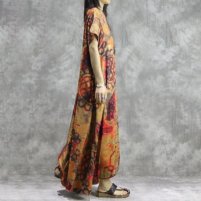 Women Print V-Neck Loose Spliced Floral Irregular Maxi Short Sleeve Dress