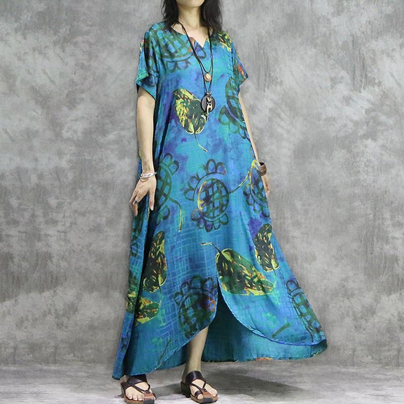 Women Print V-Neck Loose Spliced Floral Irregular Maxi Short Sleeve Dress