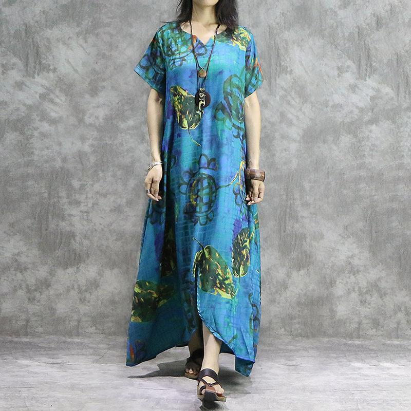 Women Print V-Neck Loose Spliced Floral Irregular Maxi Short Sleeve Dress