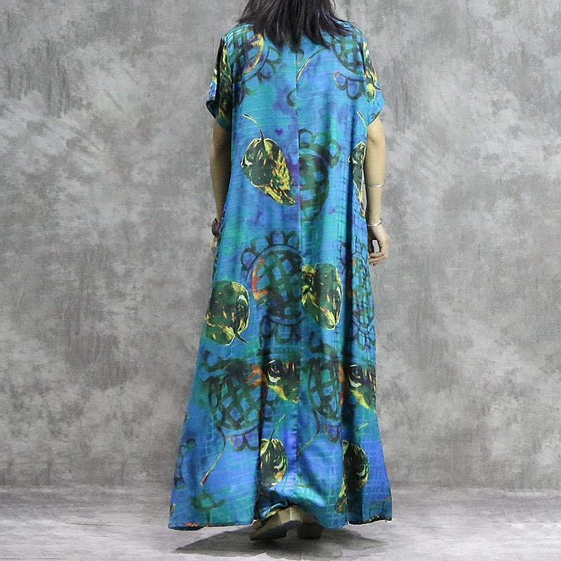 Women Print V-Neck Loose Spliced Floral Irregular Maxi Short Sleeve Dress