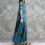 Women Print V-Neck Loose Spliced Floral Irregular Maxi Short Sleeve Dress