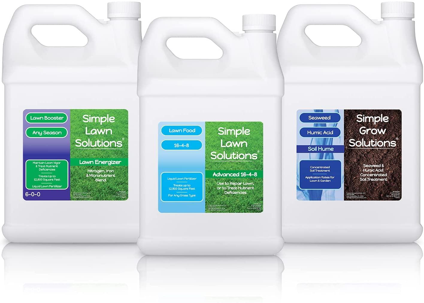 simple lawn solutions - ryan knorr - gallon bundle- lawn essentials bundle box - 3 x 1 gallon set - lawn food 16-4-8 fertilizer, lawn energizer booster, soil hume- seaweed, humic acid (gallon bundle)