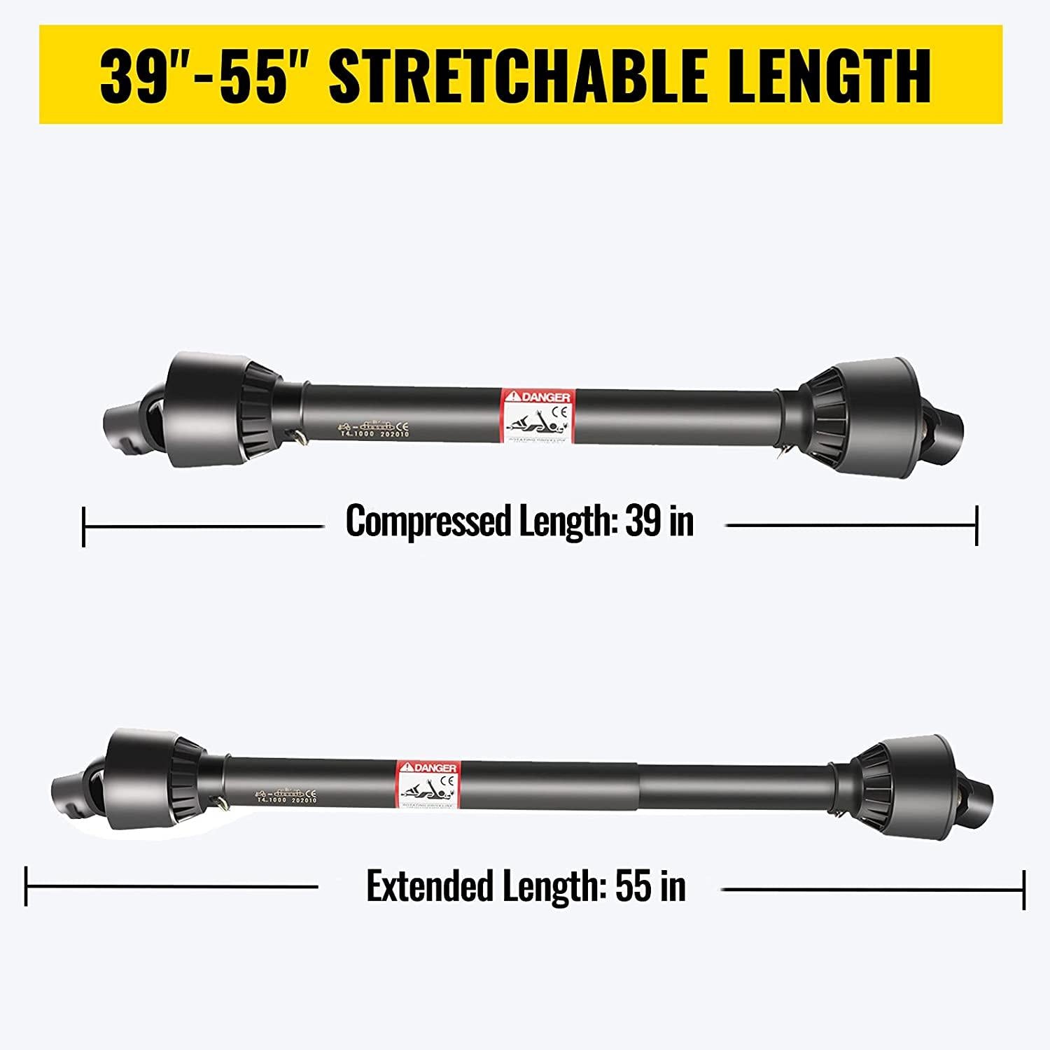 vevor pto shaft 1 3/8" pto drive shaft, 6 spline end round end pto driveline shaft, series 4 tractor pto shaft, 39"-55" brush hog pto shaft, black pto shaft for bush hog/finish mower/rotary cutter