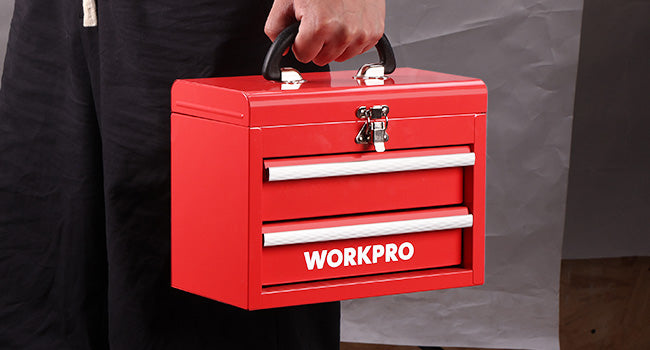 Portable Mini Metal Tool Box with 2 Drawers | Metal Tool Chest, Ball Bearing Slides, Top Storage, Latch Handle, PVC Drawer Liners, PP Feet Pads