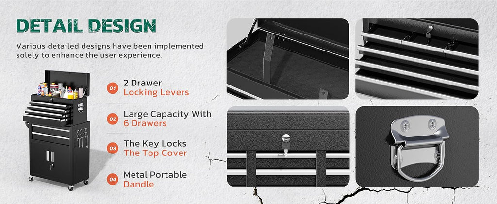 Tool Chest, 8-Drawer Rolling Tool Cart with Hooks, Tray Divider, Liners, 2 in 1 Detachable Tool Cabinet, Metal Tool StoraCart, Tool Box for GaraWorkshop(Black)