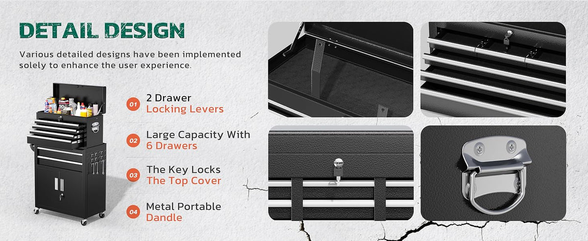 Tool Chest, 8-Drawer Rolling Tool Cart with Hooks, Tray Divider, Liners, 2 in 1 Detachable Tool Cabinet, Metal Tool StoraCart, Tool Box for GaraWorkshop(Black)