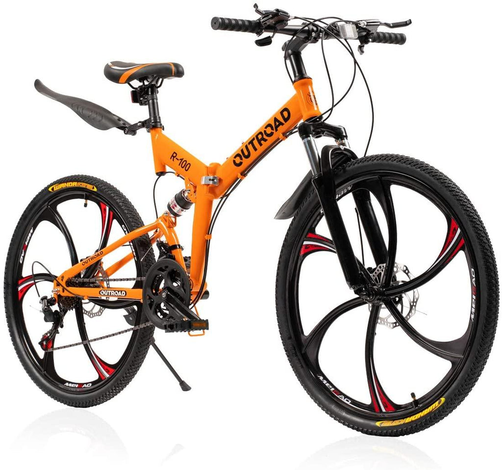 Max4out Mountain Bike Folding Bikes with High Carbon Steel Frame, Featuring 6 Spoke Wheels and 21 Speed  Shifter, Double Disc Brake and Dual Suspension Anti-Slip Bicycles (Green/Orange/Black, 26 in)