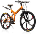 Max4out Mountain Bike Folding Bikes with High Carbon Steel Frame, Featuring 6 Spoke Wheels and 21 Speed  Shifter, Double Disc Brake and Dual Suspension Anti-Slip Bicycles (Green/Orange/Black, 26 in)