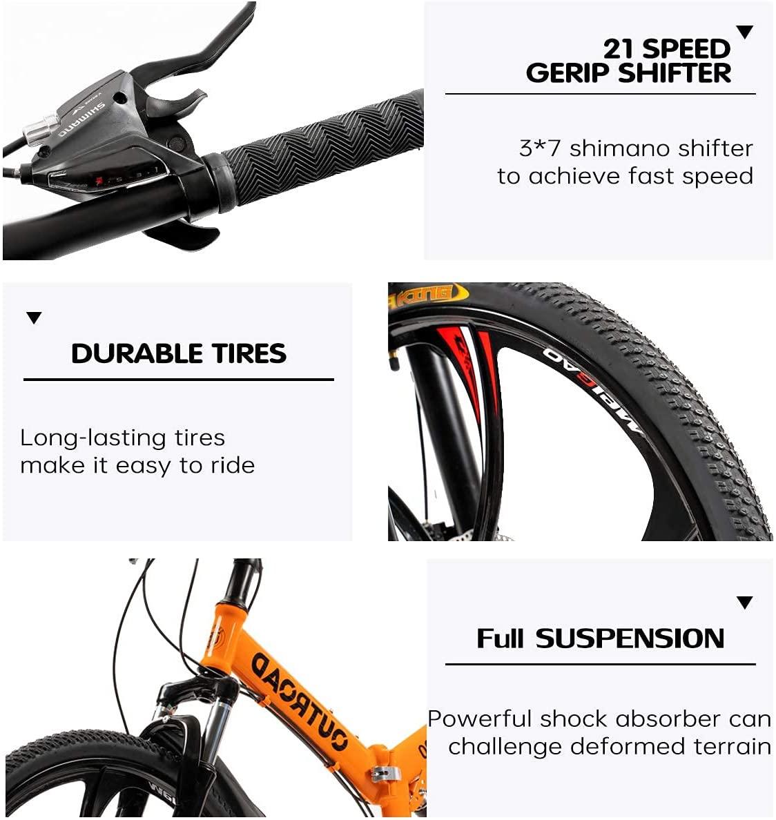 Max4out Mountain Bike Folding Bikes with High Carbon Steel Frame, Featuring 6 Spoke Wheels and 21 Speed  Shifter, Double Disc Brake and Dual Suspension Anti-Slip Bicycles (Green/Orange/Black, 26 in)