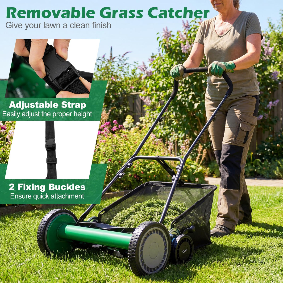 Push Reel Lawn Mower, Cordless 18" Manganese Steel Manual Grass Cutter with 5-Blade, Removable Grass Catcher, 9 Cutting Heights, Walk-Behind Lawn Mower for Garden Farm Yard (Green)
