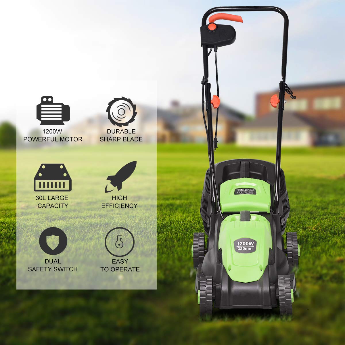 Lawn Mower, 13 Inch 2-in-1 Electric Lawn Mower with Grass Collection Bag, Folding Handle, Adjustable Cutting Height, Corded Push Lawn Mowers for Garden Yard, 12 Amp (Green)