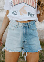 two tone denim shorts