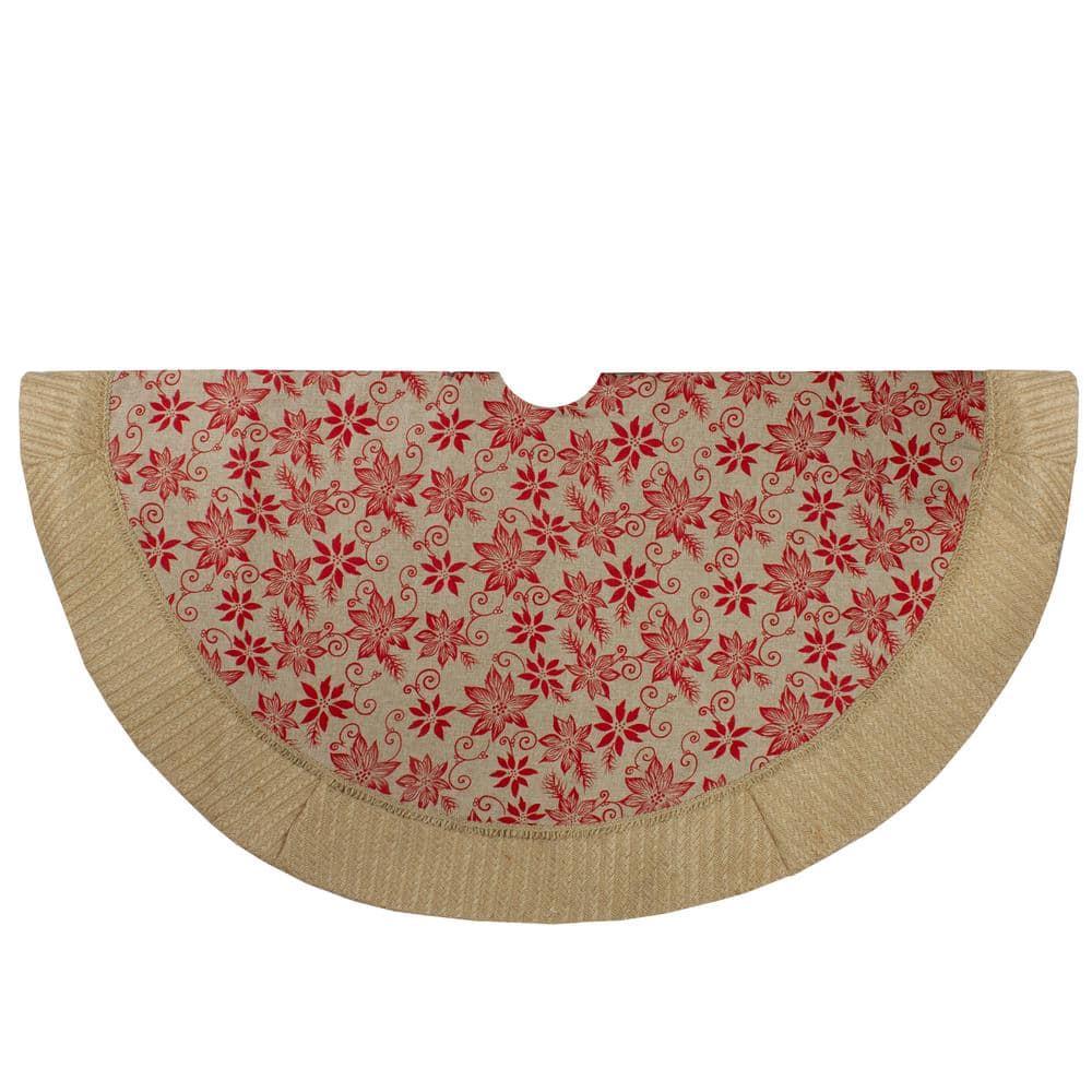 48 in. Tan and Red Rustic Burlap Poinsettia Christmas Tree Skirt