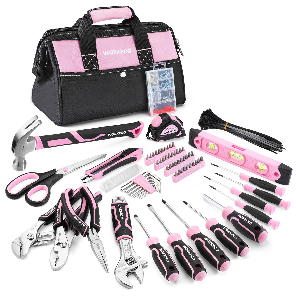Pink Tool Set, 277 PCS Home Repairing Tool Kit, Pink Tool Bag with 13-Inch Wide Mouth Open StoraBag, Portable Home Tool Kit Including Hammer, Screwdriver, and Household Tools - Pink Ribbon