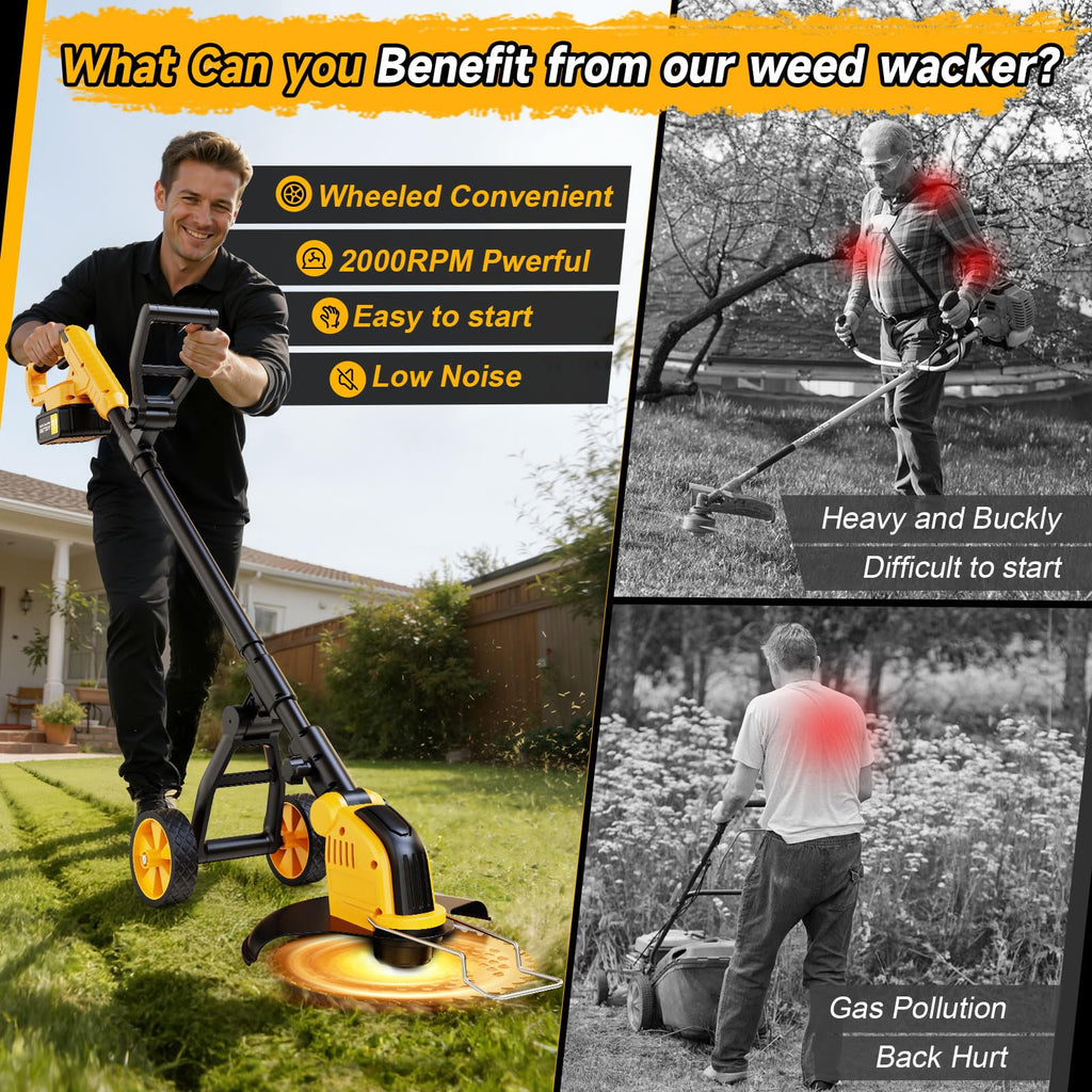 Brushless 6000mAh Cordless Weed Wacker Edger with Wheel, 4-in-1 Electric Weed Eater Battery Powered Brush Cutter, Grass Trimmer Stringless Weed Trimmer Lawn Mower Metal Blade Battery Charger