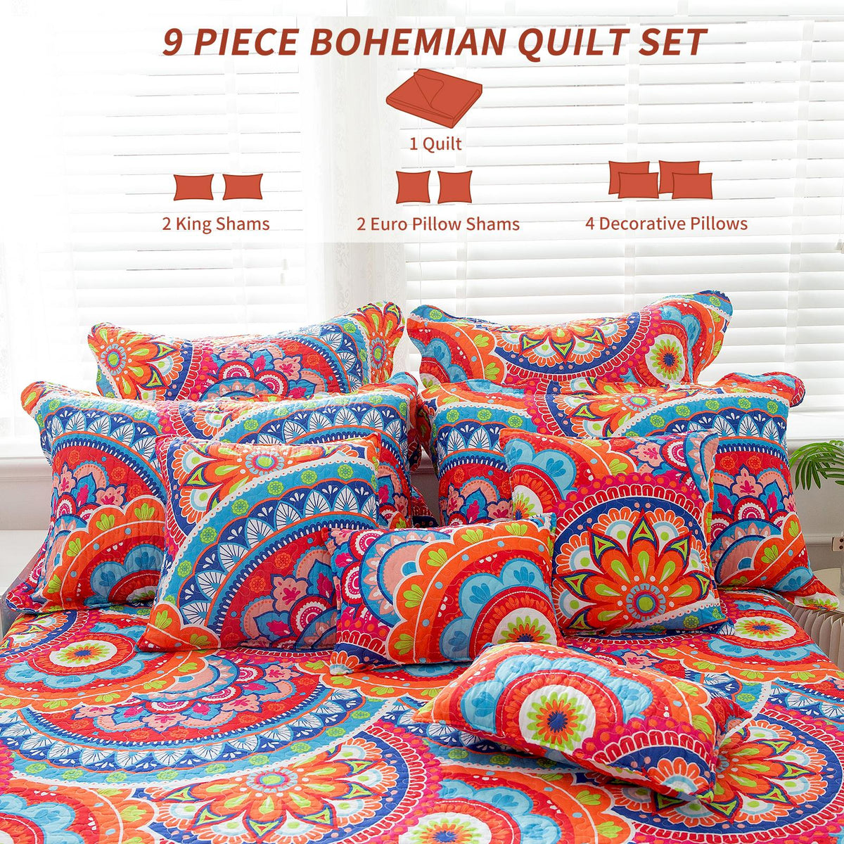 9pc Quilt Set - Super Beautiful Gorgeous Flowers Cotton Bedspreads-Queen-American VillaOrange
