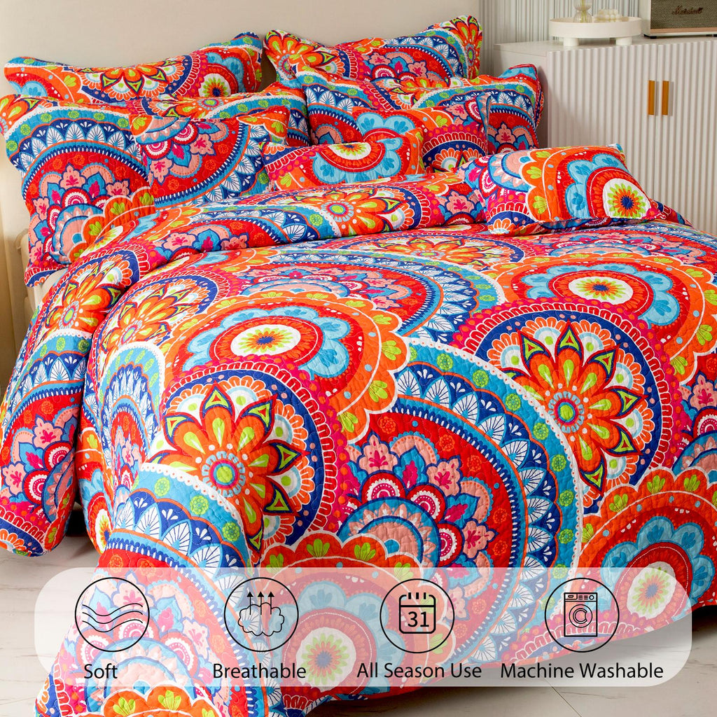 9pc Quilt Set - Super Beautiful Gorgeous Flowers Cotton Bedspreads-Queen-American VillaOrange