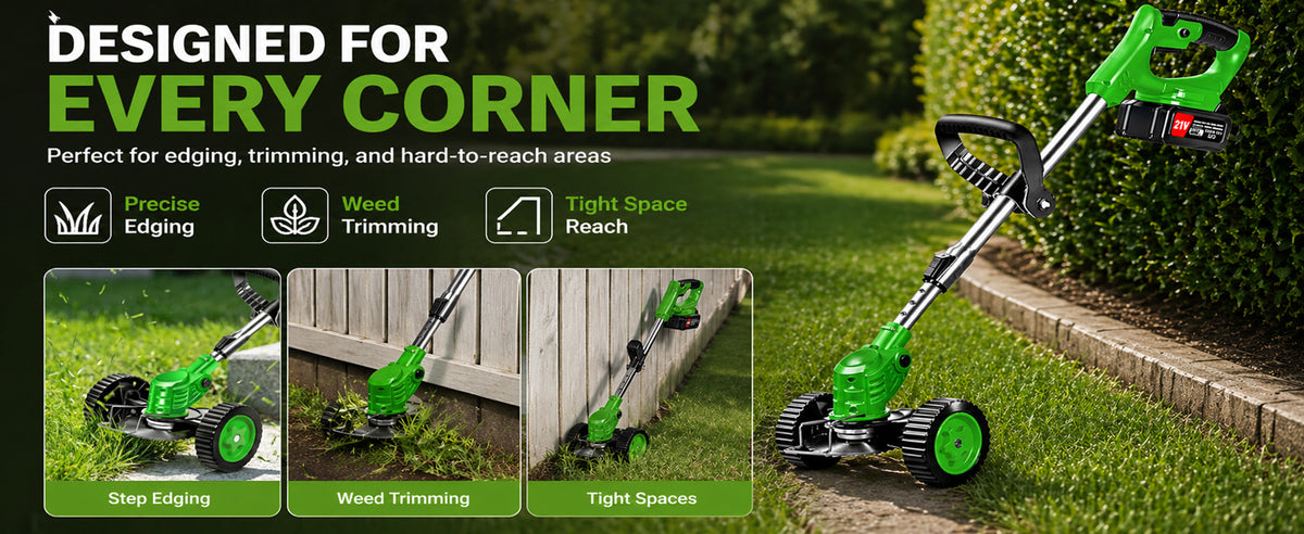 Cordless Weed Wacker with 2 Batteries, Lightweight 21V Weed Trimmer with Wheels, Electric Grass Trimmer, Adjustable Shaft Lawn Tool for Small Yard Tight Spaces
