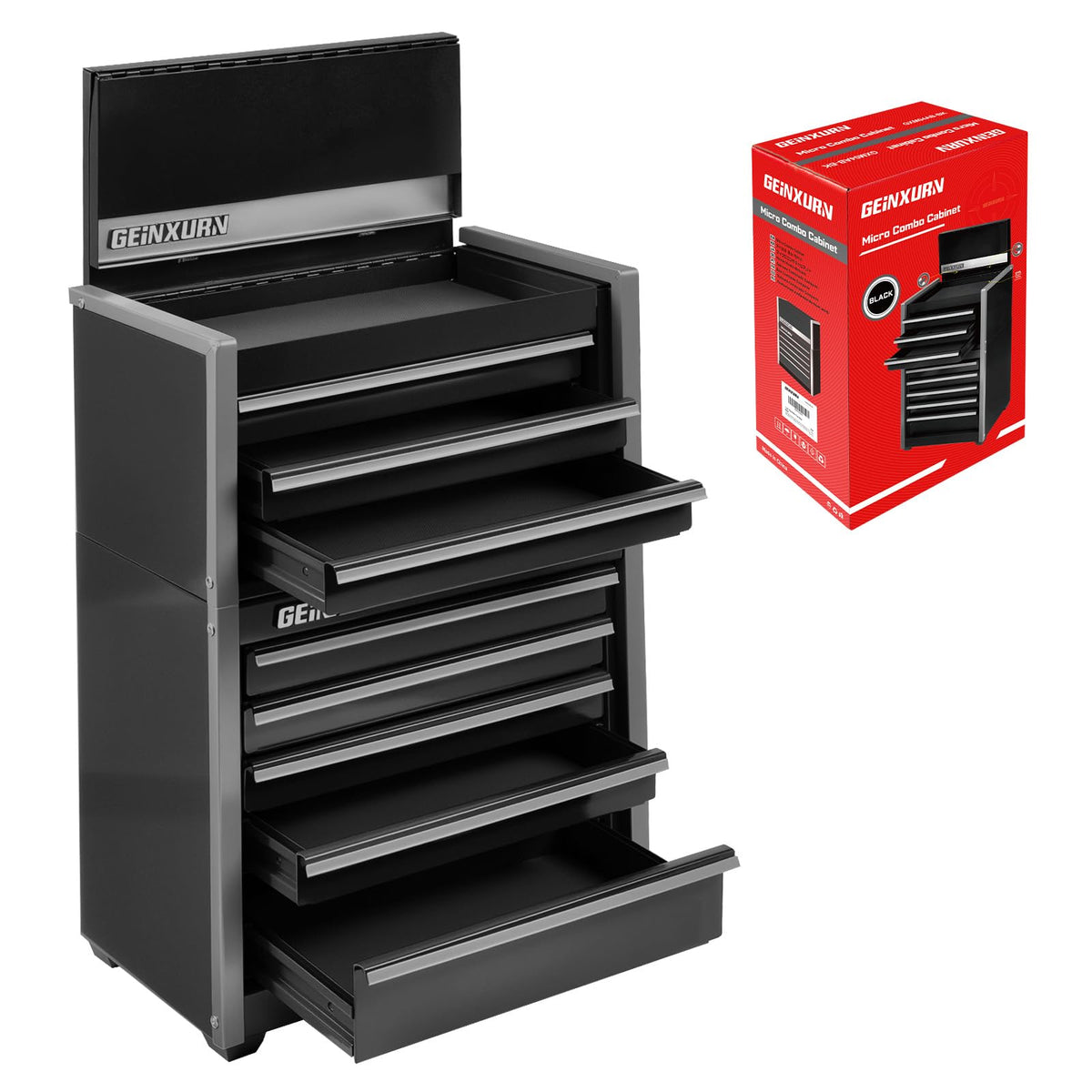 8-Drawer Rolling Black Tool Box, Heavy Duty Micro Roll Cab Steel Stackable Tool Chest with Lockable Drawers, 2-in-1 Lar& Compact Combo Set (3-Drawer + 5-Drawer) for Garage, Workshop