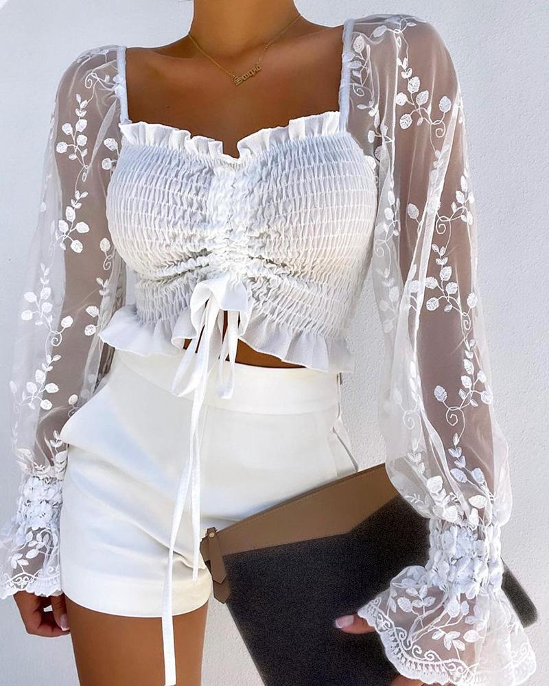 shirring detail frill hem leaf pattern mesh top