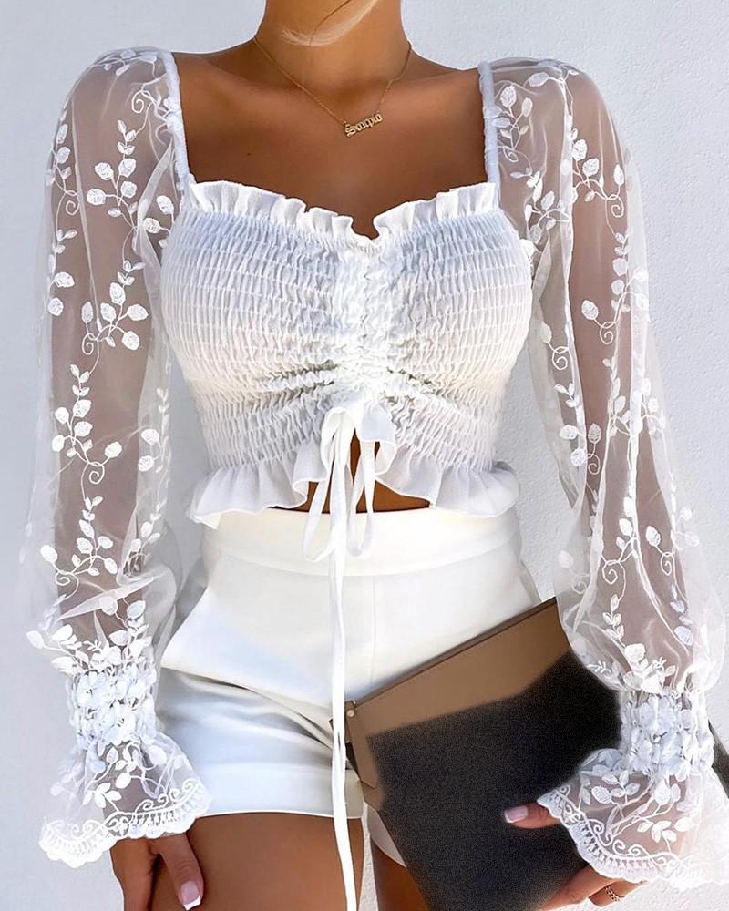 shirring detail frill hem leaf pattern mesh top