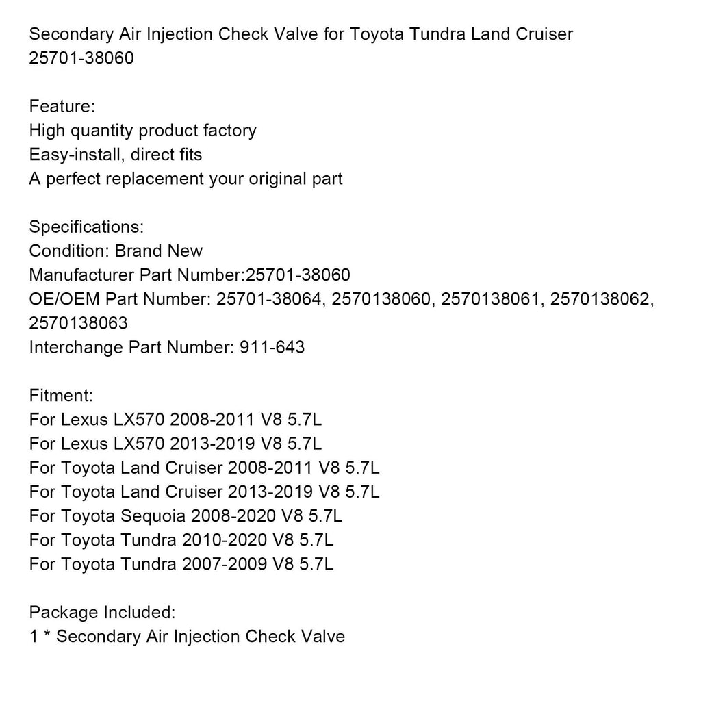 Toyota Sequoia 2008-2023 V8 5.7L Secondary Air Injection Check Valve 2570138064 2570138060 2570138061 2570138062 2570138063 Fedex Express Generic