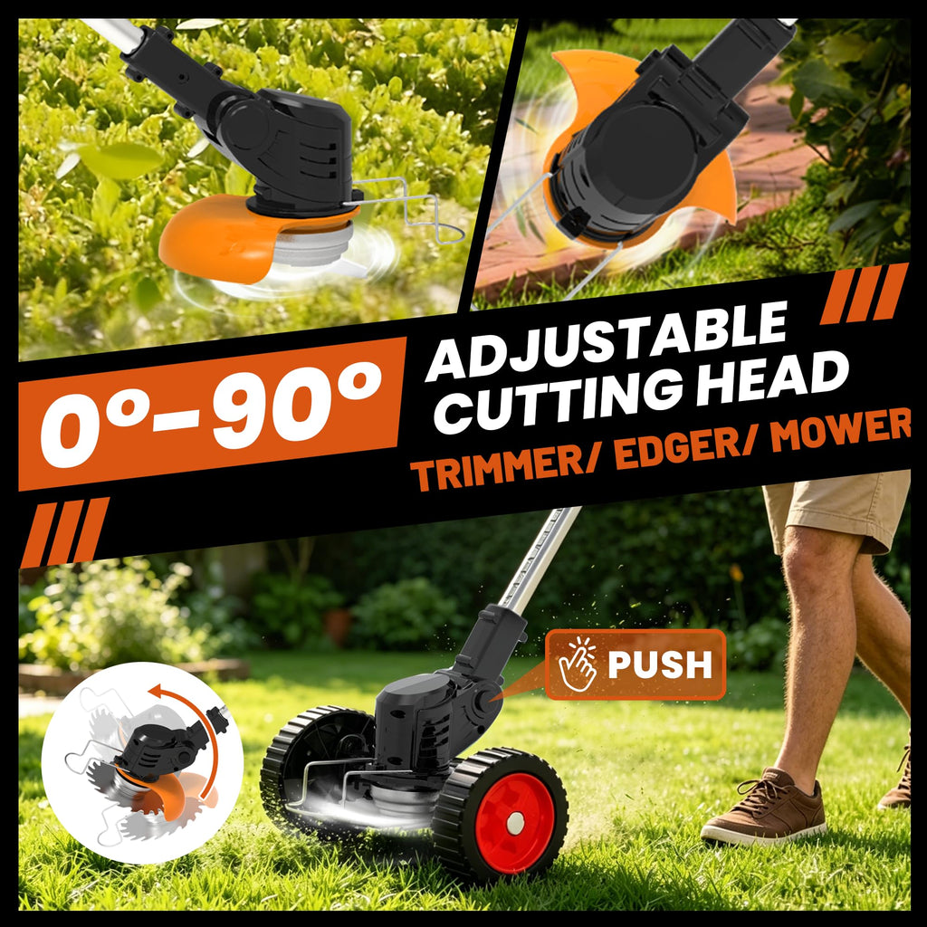 Electric Weed Wacker Cordless Battery Powered Weed Eater, String Trimmer with 2 Battery Operated&amp;Wheels&amp;Metal Blades, Lightweight 4 in 1 Grass Trimmer/Brush Cutter/Lawn Edger/Mower for Garden Yard