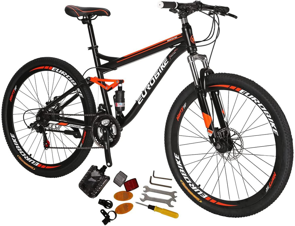 Eurobike S7 Mountain Bike 27.5 Inche Mutil Spoke Wheels Dual Suspension 21 Speed Mountain Bicycle Black Orange