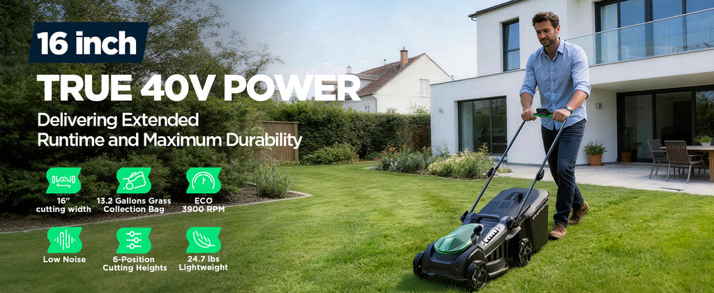 16" Electric Lawn Mower, 40V Cordless Lawn Mower with 2x5.0Ah Batteries &amp; Charger, Brushless Motor, 2-in-1 Mulching &amp; Bagging, 6-Position Height Adjustment, for Small to Medium Yards