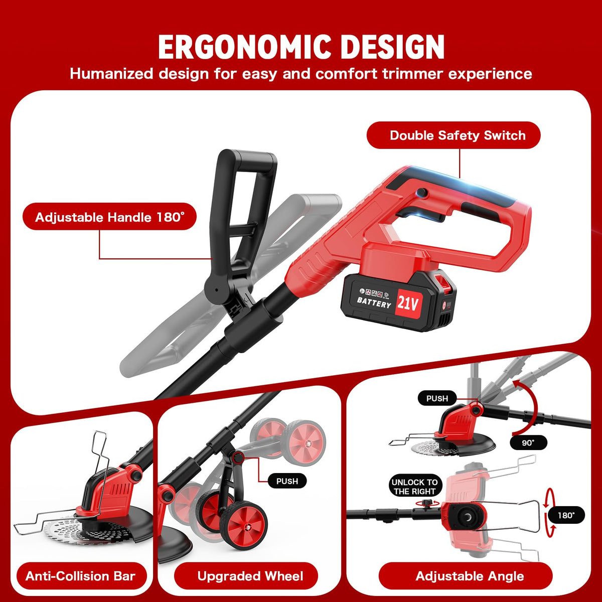 20000 RPM Electric Weed Wacker with Wheel,12″ Brushless Cordless Weed Eater Battery Powered, 4-in-1 Brush Cutter/String Trimmer/Grass Trimmer/Lawn Mower,Edger Stringless Weed Trimmer,5 Blade,2 Battery