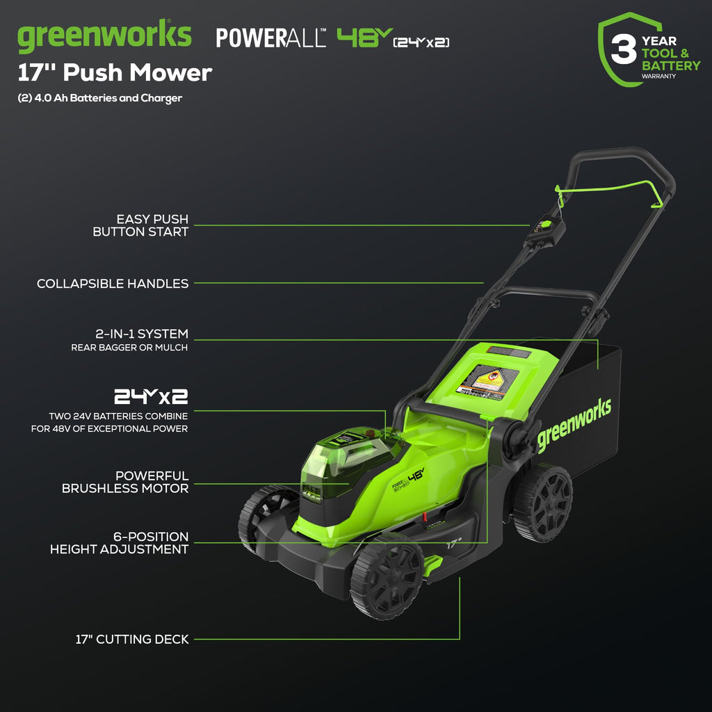 48V (24V x 2) 17" Brushless Cordless Push Lawn Mower, Includes (2) 4.0Ah Batteries and Dual Port Rapid Charger((200+ Compatible Tools, 45Min Runtime)